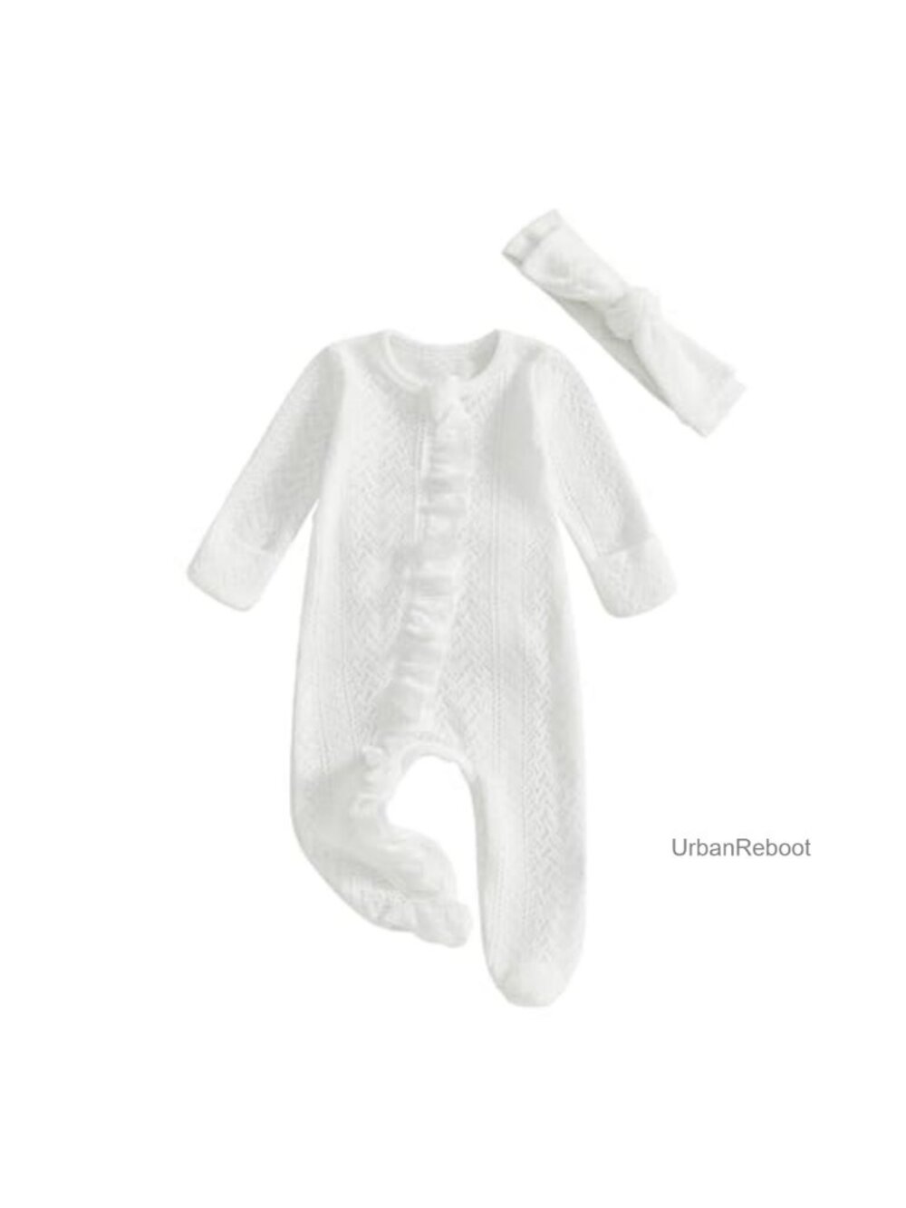 Newborn Baby Girl Knit Romper Set with Headband - Long Sleeve Footie - Cotton